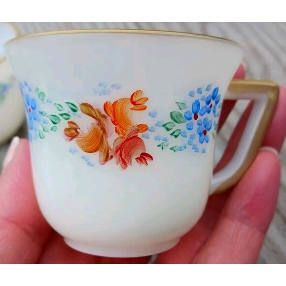 VTG Set of 4 Iridescent French Milk Glass Teacups Gold Trim Hand Painted Floral - Picture 2 of 8